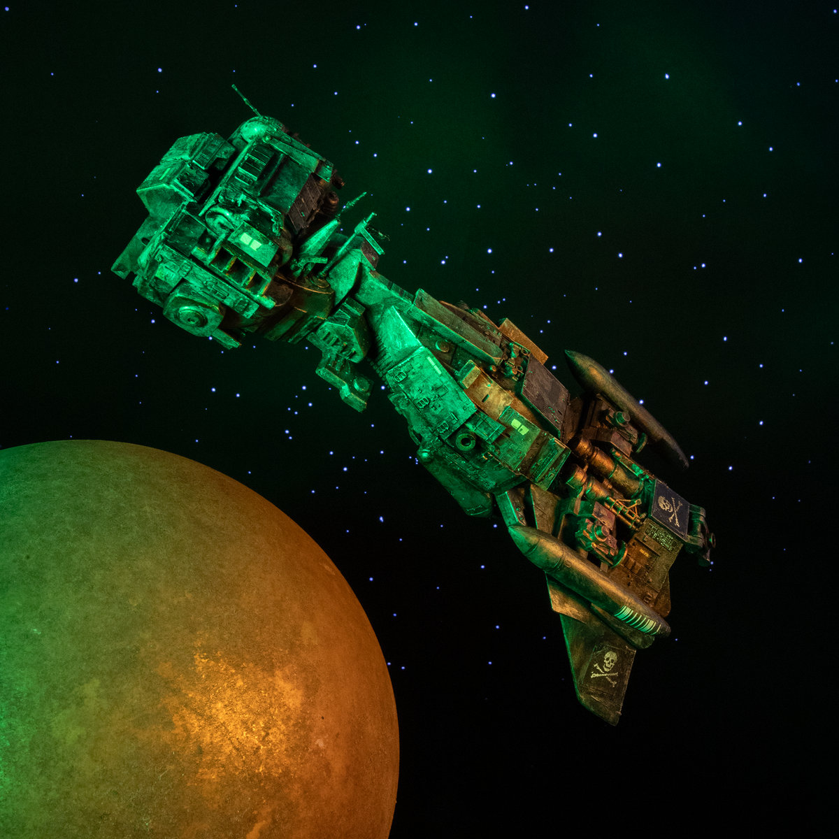 Detritus album cover showing the pirate vessel flying past a planet